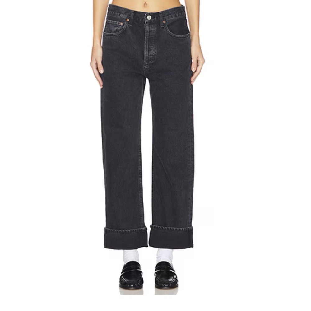 Agolde Fran High Waist Straight Leg Jeans Washed Black Denim Button Fly Size 30